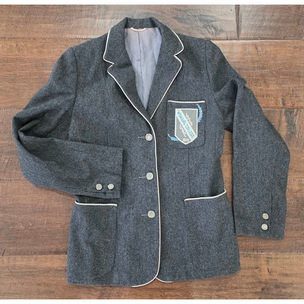 VTG Rare Preppy Sylvia Putziger 1964 UNC College Wool Blazer Grey Piping Crest